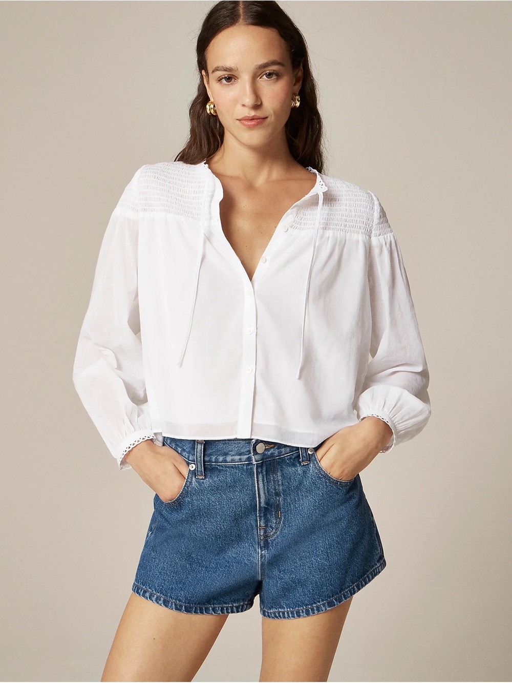 NWT JCREW Popover Top Cotton White Smocked Yoke Button-Front Blouse
